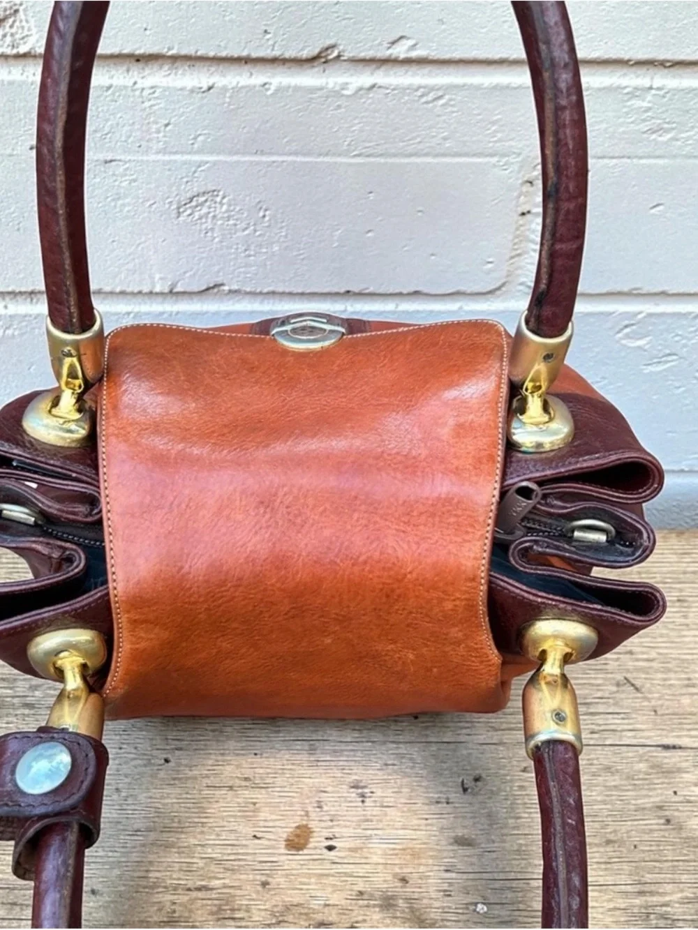 Marino Orlandi Two-Tone Tan & Dark Brown Leather Satchel